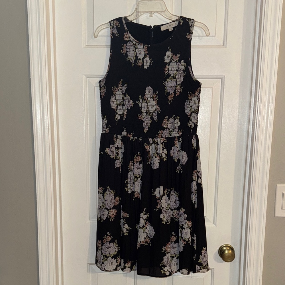 LOFT Black Floral Midi Dress